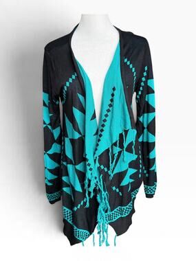 Back in the Saddle Black Teal Southwestern Fringe Cardigan Sz S